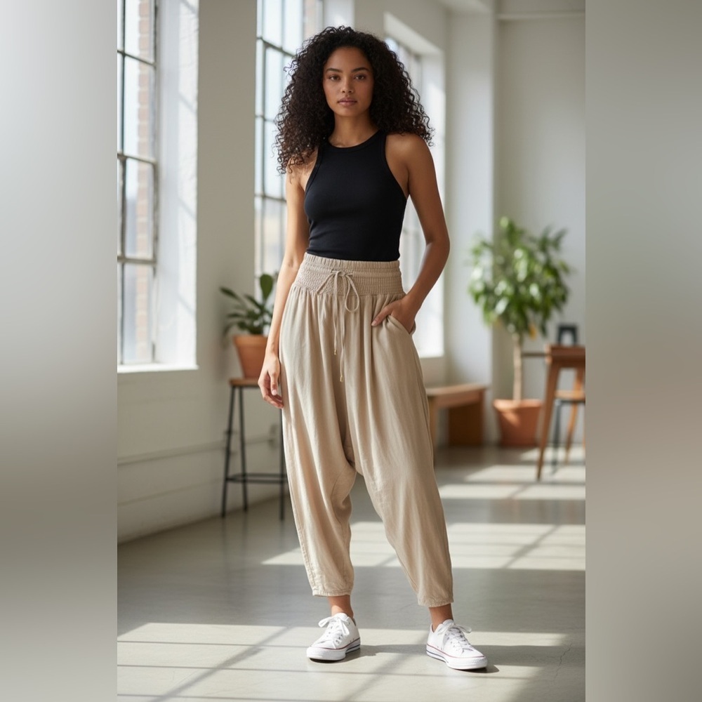 Free People Beige Smocked-Waist Harem Joggers